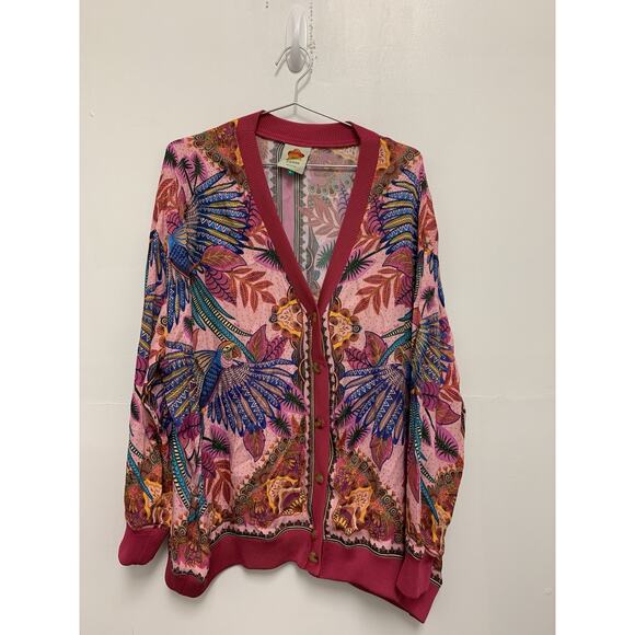 Farm Rio Pink Macaw Scarf Print Cardigan Button Front Rayon Women's XL - Picture 2 of 6